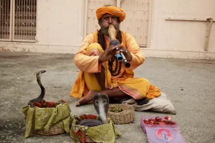 Photo of a man sitting on the ground next to a snake, Myanmar, India, Nepal, June 2015, Reinder Nijhoff
