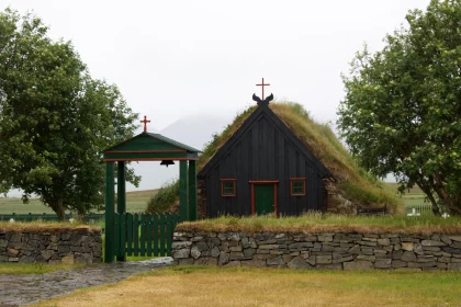 Photo of a small black church with a green roof, Iceland, June 2016, Reinder Nijhoff