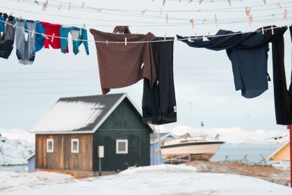 Photo of clothes hanging out to dry on a clothes line, Greenland, October 2017, Reinder Nijhoff