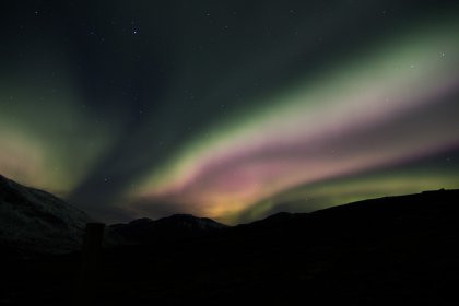 Photo of the aurora lights shine brightly in the night sky, Greenland, October 2017, Reinder Nijhoff