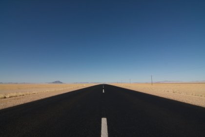 Photo of an empty road in the middle of the desert, Namibia, May 2008, Reinder Nijhoff