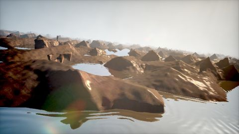 A living, surrealistic, water world showing reflections and distance field rendering.
As usual, almost al code is copy-paste from shaders by inigo quilez.
Lens flare by musk! (https://www.shadertoy.com/view/4sX3Rs).
